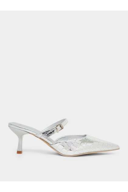 Silver Embossed Pointed Toe Mules