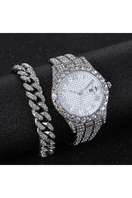 No Bronze 2pcs/set - Glitzy Rhinestone Watch & Cuban Link Bracelet Set - Sparkling Quartz Timepiece