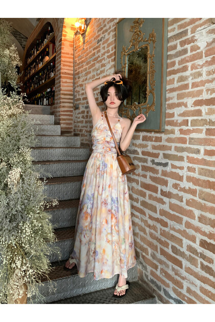 Rochie Dama Midi de Vara cu Imprimeu Floral Pastelat, Fara Maneci, Bretele Subtiri, PriStyle®