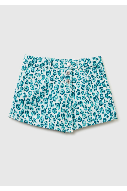 Girl's mint green all-over pattern button-up adjustable waist velvet bermuda shorts