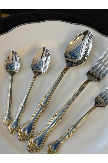 Avd Brand Imported Product 18/10 Stainless Steel 60 Piece 12 Person Lalezar Gold Model Fork Spoon Set