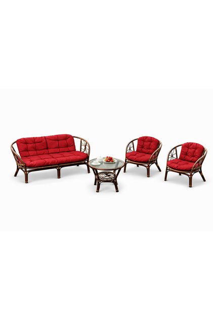 Set Mobilier Grădină din Ratan – 4 Piese, Masă cu Sticlă, Roșu