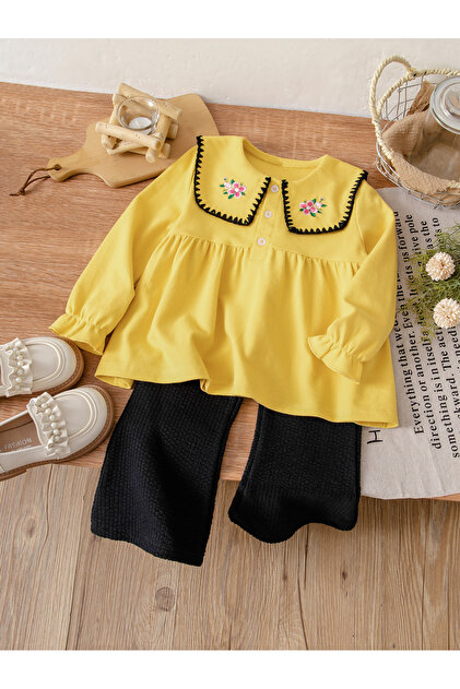 Girls Yellow Embroidered Top and Knit Pants Set