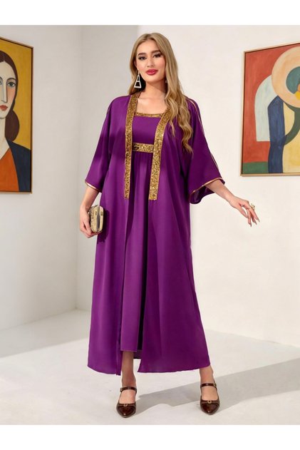 Solid Taping Trim Abaya and Dress Modest Set