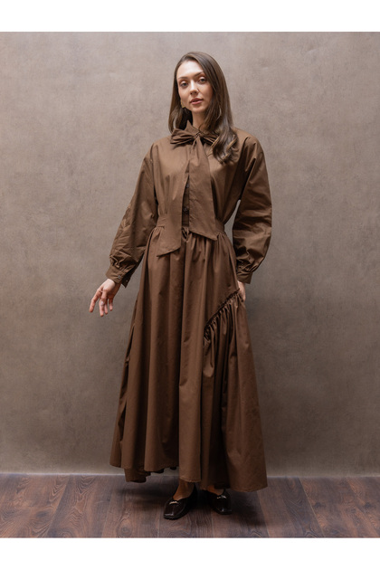 Brown Pleated Poplin Skirt