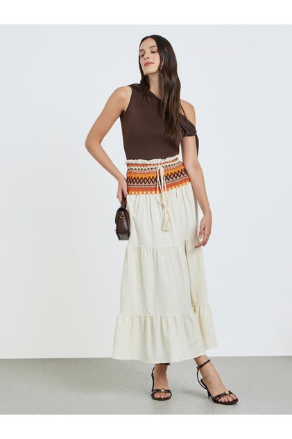 White A-Line Maxi Skirt with Ethnic Waist Detail