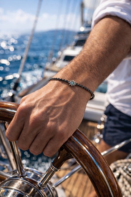 Men's Steel Bracelet - Rudder Sailor Sweden Luxury Design with Black Stone, for Lover, Spouse, Father