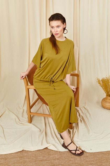 Women's Oil Green 164 Modal Suit with Raglan Sleeves, Skirt with Tie at the Hem, and Blouse