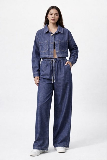 Women's Top and Bottom Set Jean Top and Bottom Set Double Pocket Belted Loose Fit Jean Jacket and Pants Set