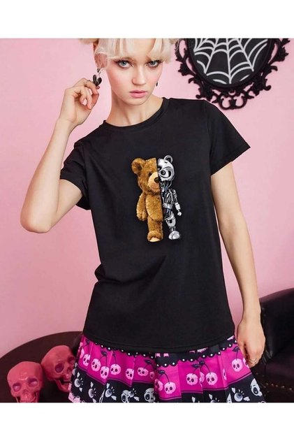 Women'S/Girls' Oversize Beige T-Shirt Half Plush Half Robot Teddy Bear Printed Cool Design