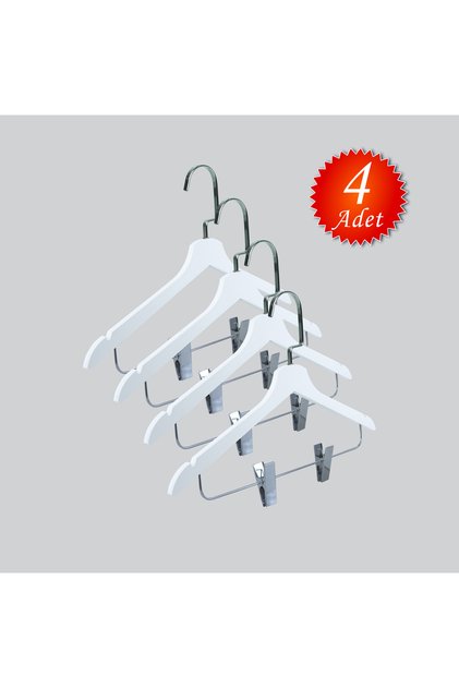 Wooden (Lama Silver Hook) Latch Shirt and Skirt Hanger White Color 4 Pieces