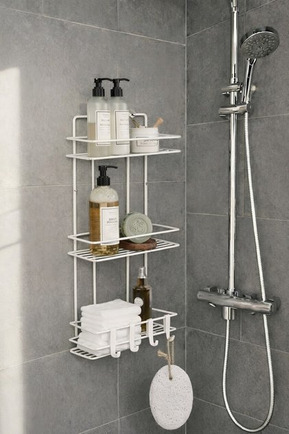 White 3-Tier Bathroom Shelf, Shampoo Holder and Shower Shelf with Hanging Adhesive Wall Mount Tş-03