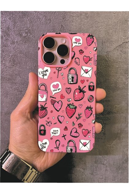 iPhone 13 Pro Max Compatible Heart Strawberry Doodle Pattern Pink Case