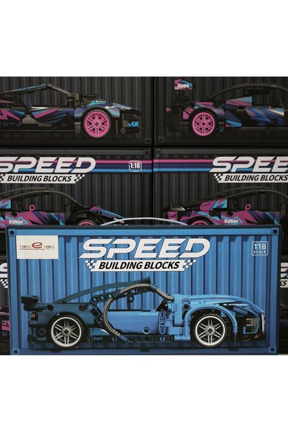 Building Blocks 1:18 Scale Pull-Back Blue Race Car - 423 Piece Technical Block Set