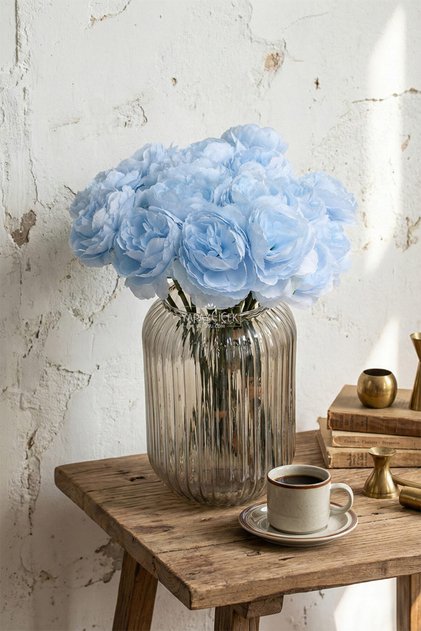 Yapay Çiçek 7li Çay Gülü Demeti 30 cm Açık Mavi