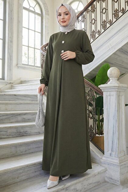 Button Detailed a Pile Hijab Dress Khaki Hm2889