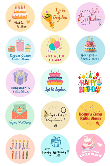 Doğum Günü tebrik sticker seti, 4x4 cm, 150 adet (10 Sayfa)