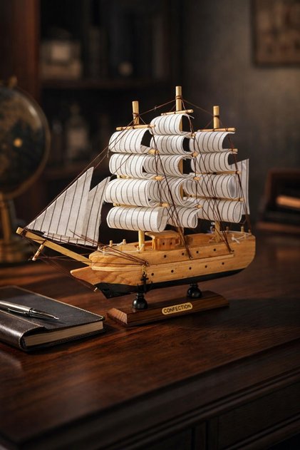 Büyük Boy El Yapımı Ahşap Yelkenli Gemi Maketi 24 x 24 CM – Dekoratif Lüx Hediyelik 529 EB