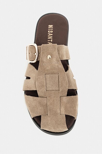NİŞANTAŞI SHOES Lenox Rome Bej Hakiki Süet Kemer Detaylı Düz Taban