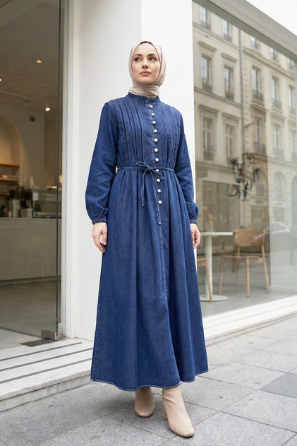 Ribbed Detailed Buttoned Lace-Up Long Denim Dress - Navy Blue - Navy
