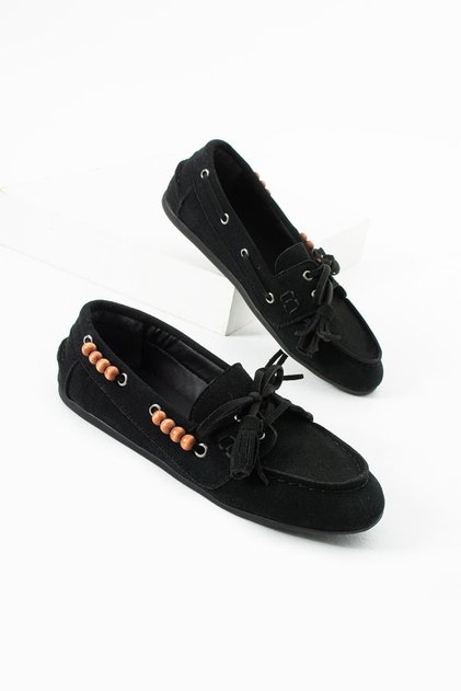 Women's Black Suede Loafer Shoes with Tassels and Laces, Casual Moccasin Model Carlas