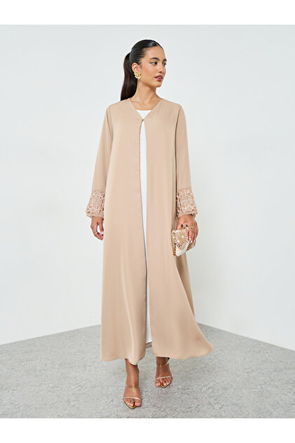 Beige Embroidered Mesh Sleeve Cuff Open Front Abaya