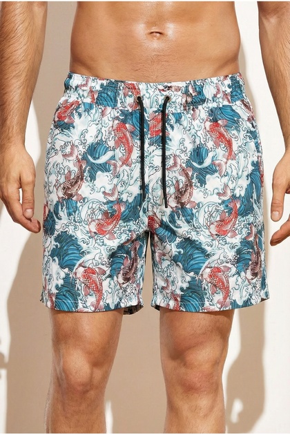 Lined Multi-Color Men's Swim Shorts Elastic Lace-Up Short Length Patterned Summer Beach Shorts Ls-95519