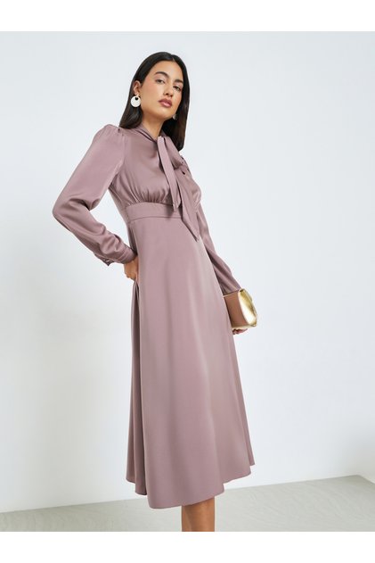 Pink Satin Tie-Up Neck Midi Dress