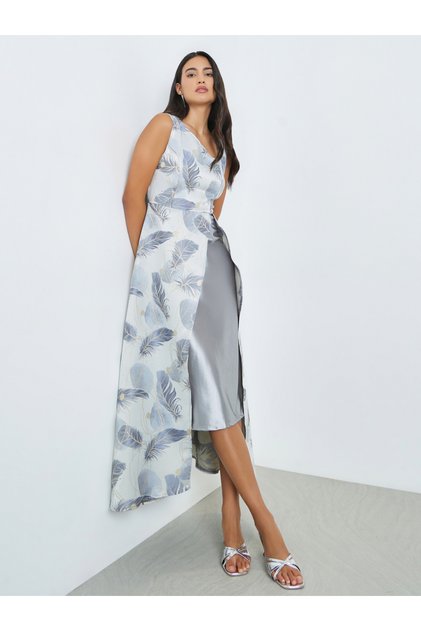 Grey Printed Asymmetric Hem Sleeveless Maxi Dress
