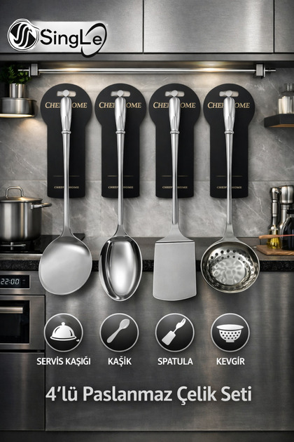 Our 4-Piece Stainless Steel Spoon, Spatula, Colander, Serving Spoon Set Is Heat Resistant, Non-Flammable, Non-Stick.