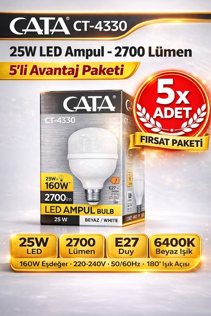 CATA CT-4330 25W Torch LED Ampul 2700 Lümen 6400K Beyaz E27 Duy 5 Adet Fırsat Paketi