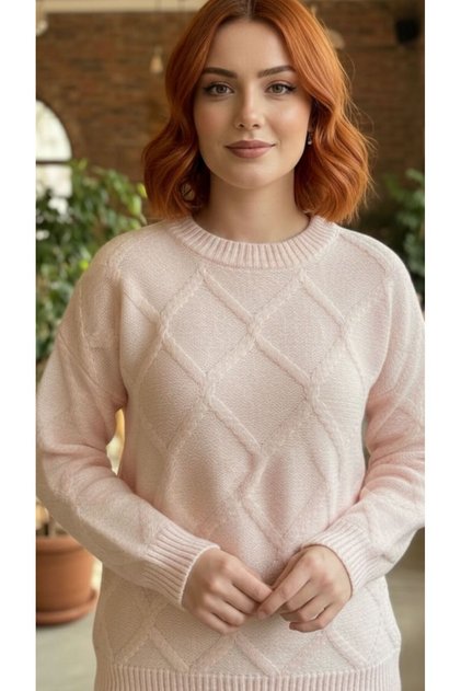 Women's Powder Crew Neck Diamond Patterned Knitwear Sweater