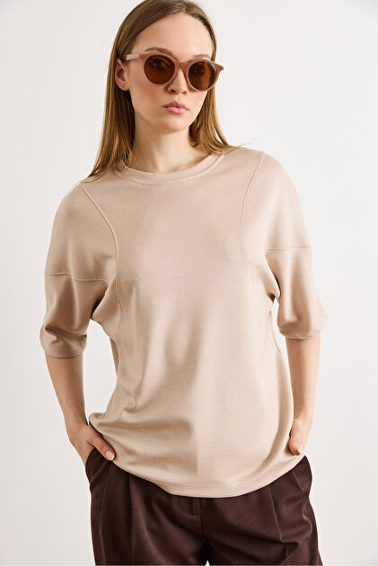 Women's Stone Seam Detail Modal Keys Bat T-Shirt Tsh-19000941