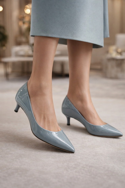 Kadın Ice Blue Rugan Fındık Topuk 4cm Kısa Topuklu Şık Günlük Zarif Stiletto Ayakkabı 💎