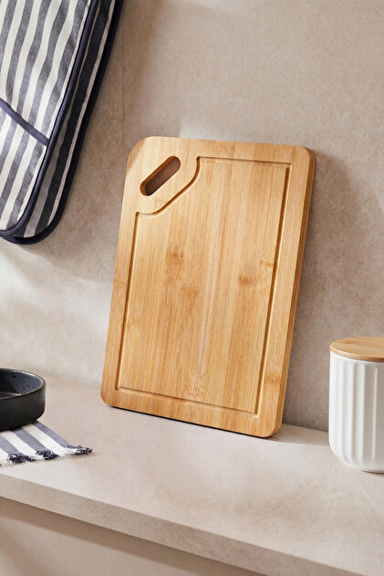Bambu Kesme Tahtası 33x22x1 cm – Oluklu, Sap Doğrama Tahtası