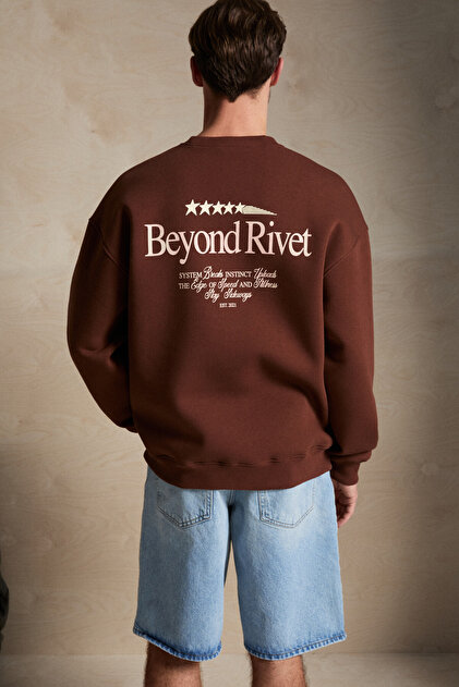 Rivet Men's Organic Cotton Fleece Inside Printed Crew Neck Regular Brown Sweatshirt