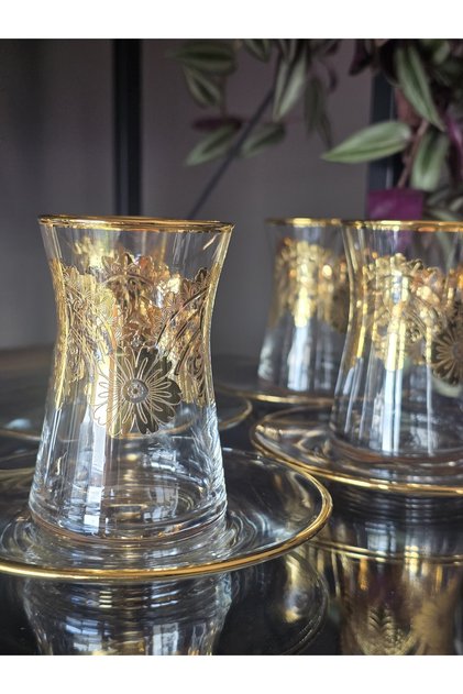 12 Pieces for 6 People 24K Handcrafted - Real Gold Embossed Tea Set Daisy Gold