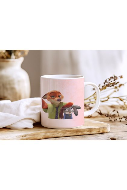 Sevimli Tilki ve Tavşan Çizgi Film Kupa Bardak - Nick Wilde ve Judy Karakterleri ile Tasarım Bardak