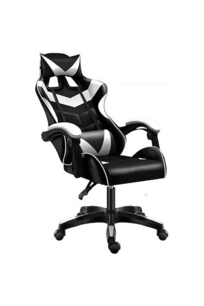 Scaun de gaming cu funcție de masaj, alb-negru