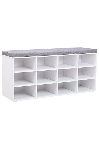 Suport pantofi cu bancă cu 12 compartimente și pernă pentru canapea, sarcină 136 kg, 104x30x48 cm, alb