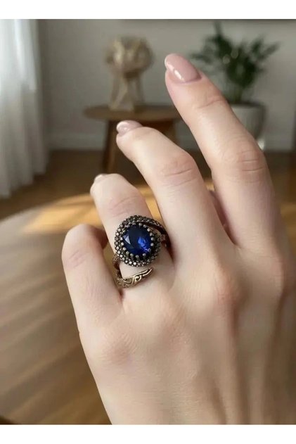 Bronze Jewelry Authentic Blue Sapphire Look Spiral Model Adjustable Vintage Women's Ring