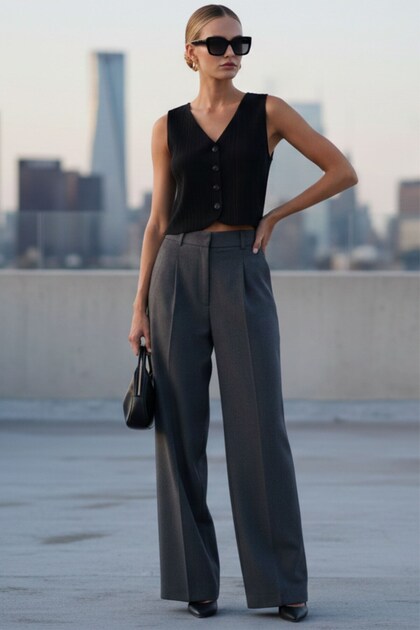 Women's Black Zero Sleeve V-Neck Pleated Buttoned Cropped Vest Blouse - Elegant New Season Women's Vest