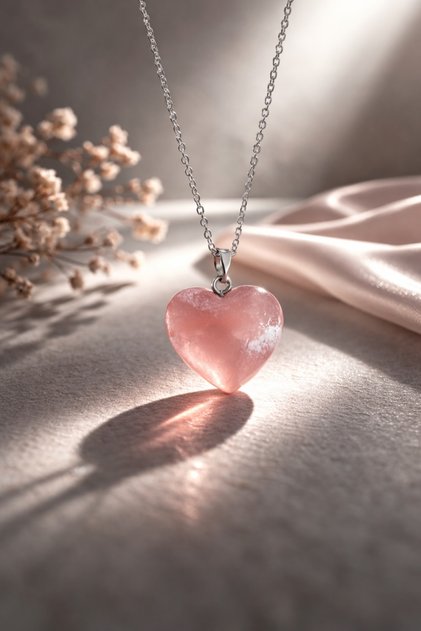Doğal Pembe Kuvars Taşı Kalp Kolye - Aşk ve Sevgi Taşı