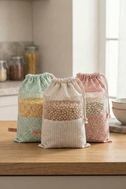 3 Adet Bakliyat Kesesi Orta Boy 20x28 cm Erzak Kuru Gıda Saklama Kabı Torbası Fileli Bez Soft-Set