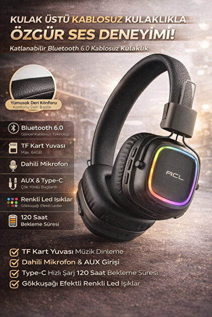 CROW'S TECH RGB Işıklı Kablosuz 6.0 Bluetooth Kulak Üstü Kulaklık
