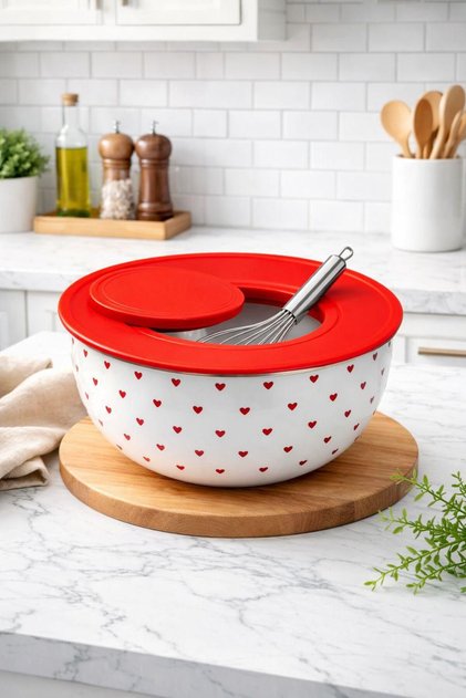 Red Heart Patterned Lid Mixing Bowl Multi-Purpose Dough & Salad Bowl Practical Mixer with Lid