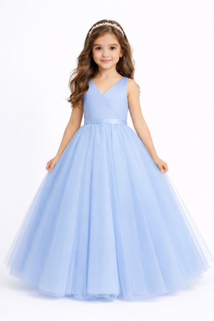 Girl's Baby Blue Wrap Graduation Birthday Double-Breasted Long Evening Dress