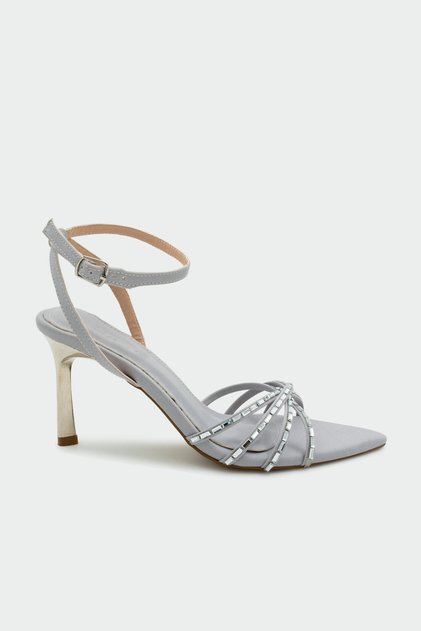 Skate Crystal Stone Gray Satin Women's Heeled Shoes