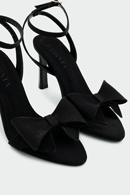 Wanbi Bow Detail Black Satin Women's Heeled Shoes