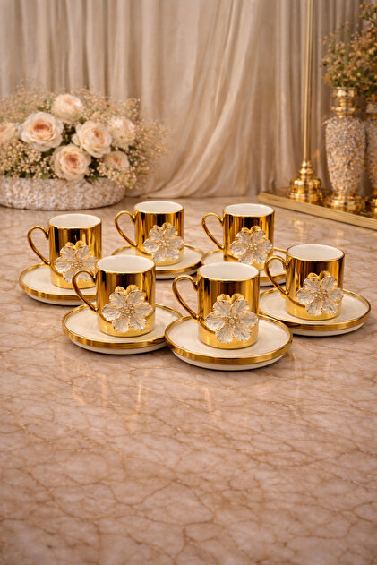YzHome 2 Kişilik Porselen Gold Platin Kaplama Lotus Çiçekli Kahve ...